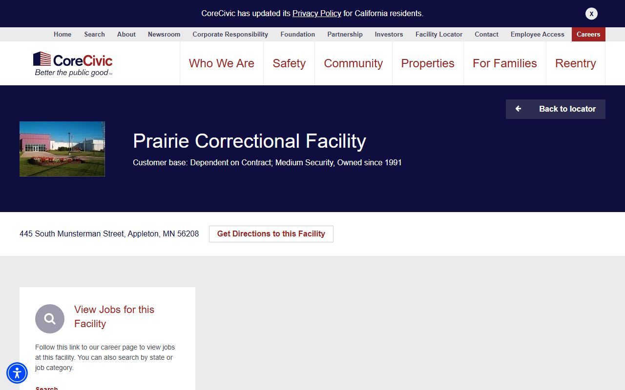 Prairie Correctional Facility CoreCivic custody status page