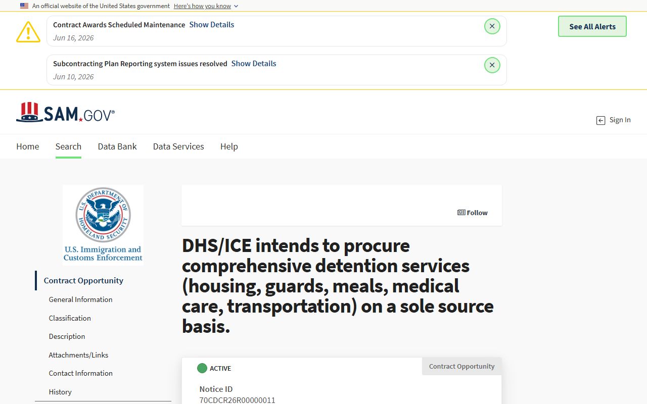 SAM.gov ICE detention services opportunity for Prairie Correctional Facility custody context